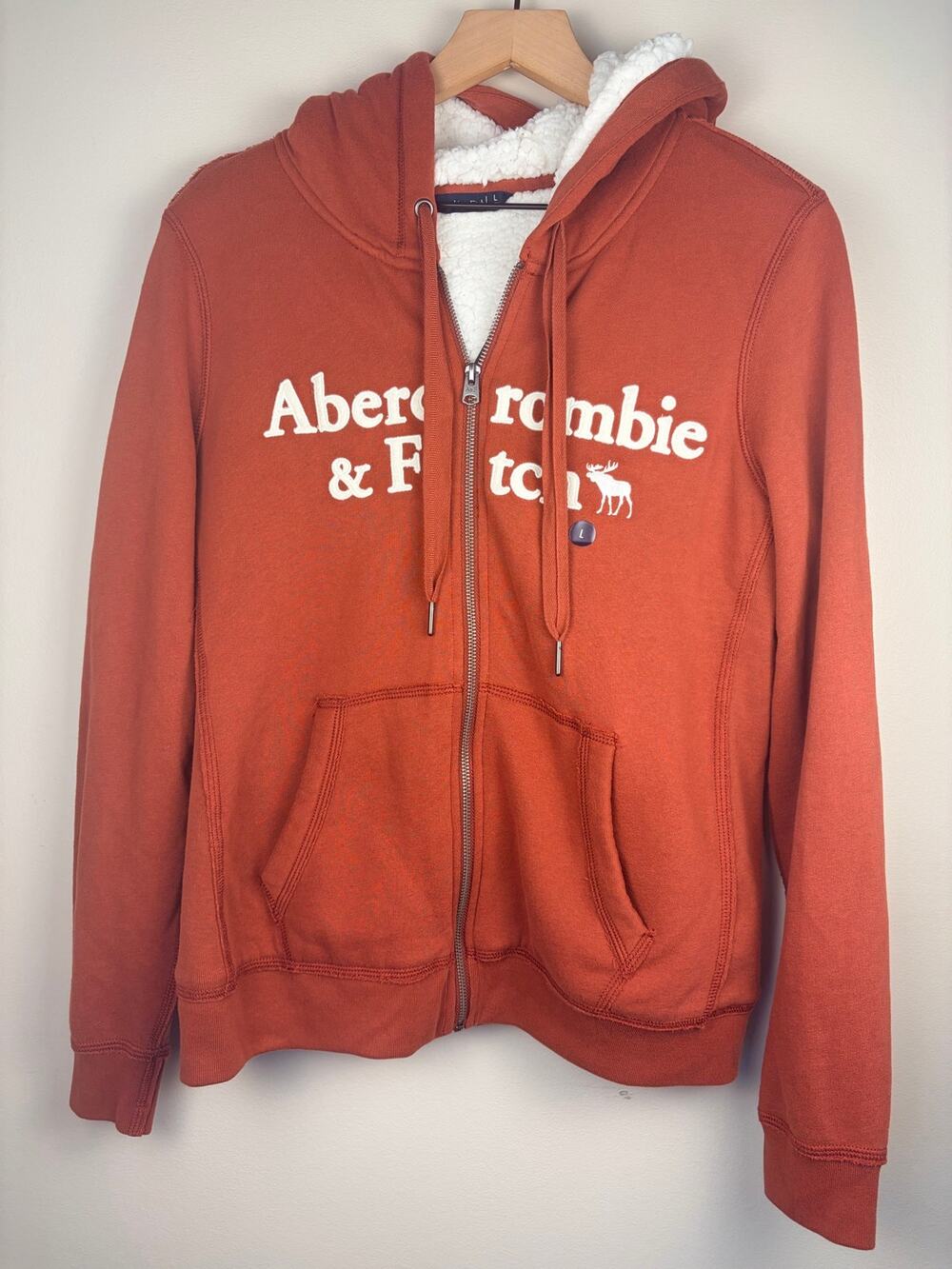 NWT Abercrombie & Fitch Sherpa Lined Full Zip Logo Hoodie Large Rust Y2K